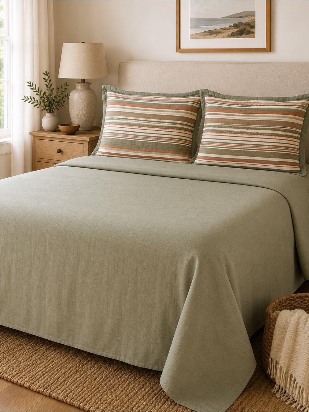 Frye & Co. Striped Cotton Quilted Pillow Shams Set of 2 Sage‎ Green Rustic